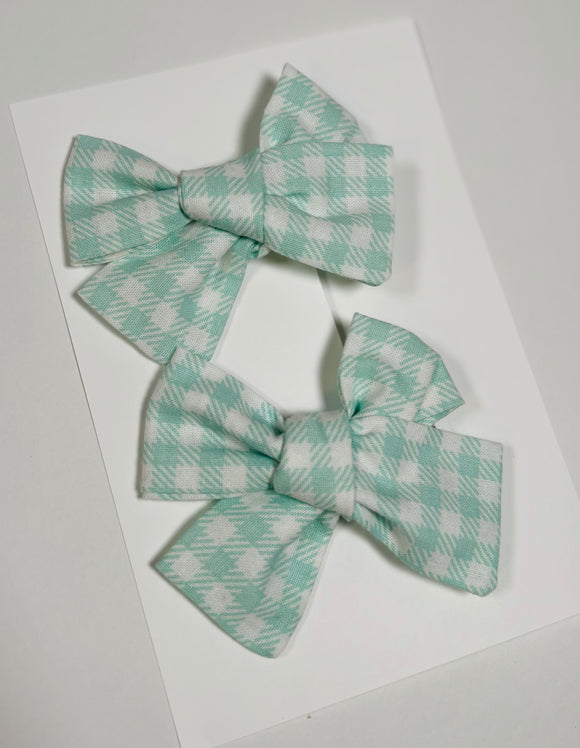 Aqua Gingham - Set of 2 Clips bow