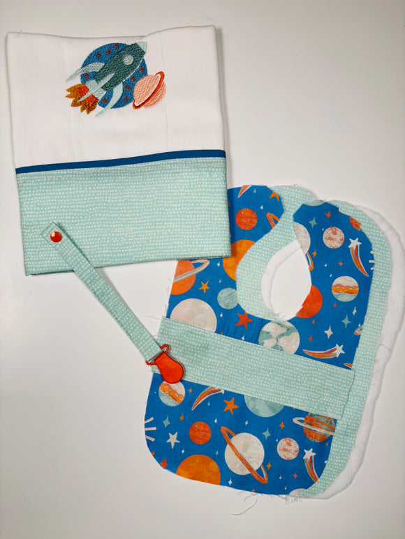 Space Rocket Custom Bib + burp Cloth Set