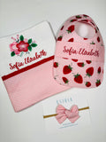 Strawberry Custom Bib + burp Cloth Set