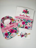 Magenta Flower Custom Bib + burp Cloth Set