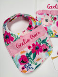 Magenta Flower Custom Bib + burp Cloth Set