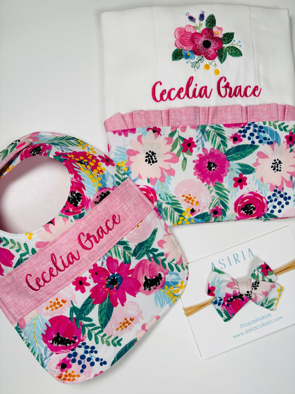 Magenta Flower Custom Bib + burp Cloth Set
