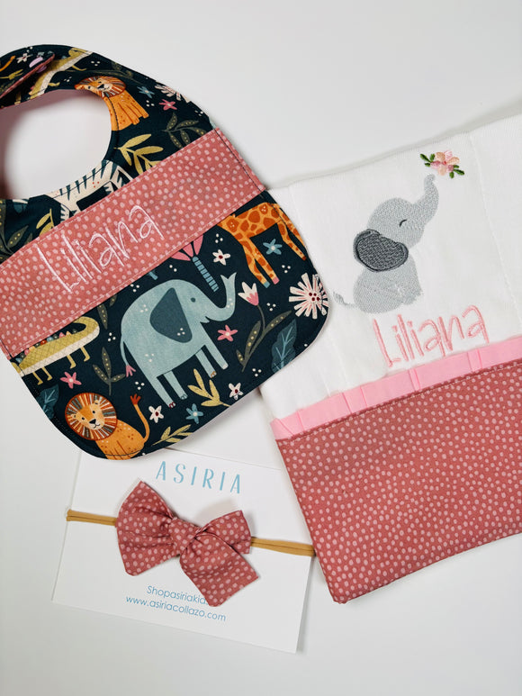 Girl Safari Custom Bib + burp Cloth Set