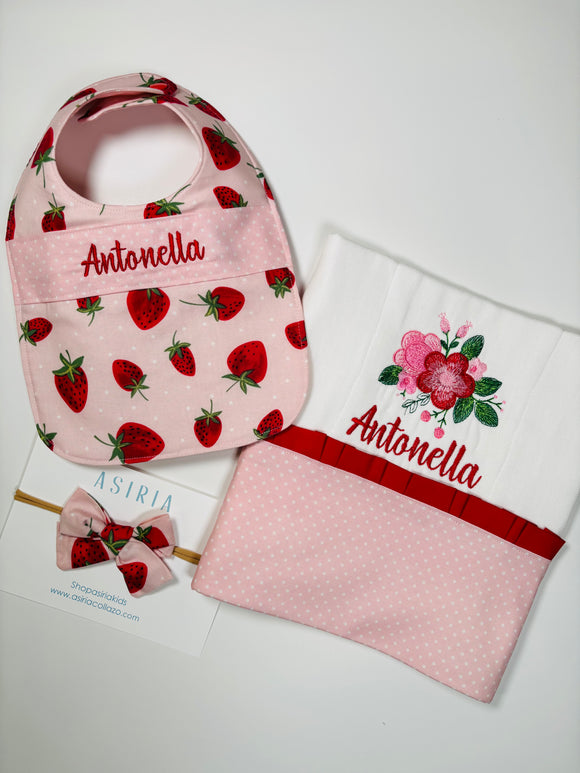 Strawberry Custom Bib + burp Cloth Set