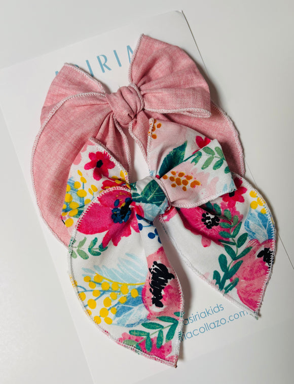 Flowers + pink  - 2 clip big bow