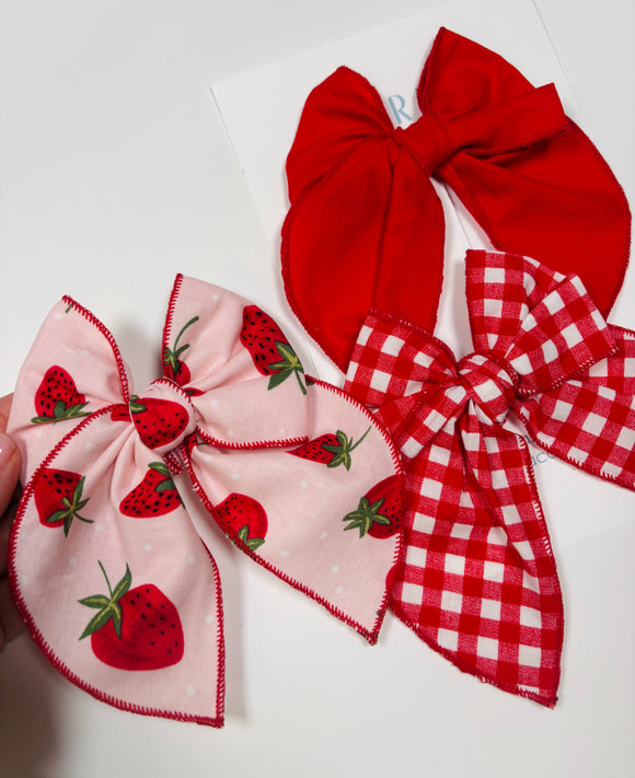 Strawberry + Red + Gingham  - 3 clip big bow