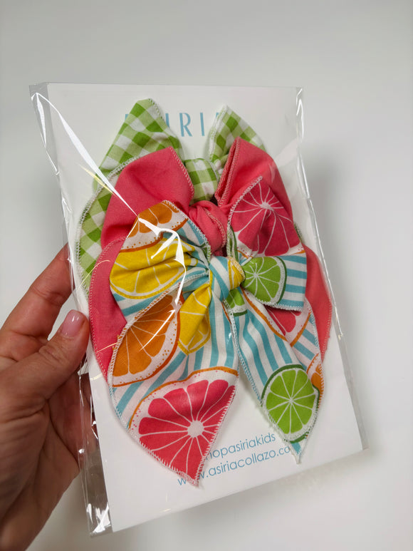 Lemons + Coral + Gingham   - 3 clip big bow