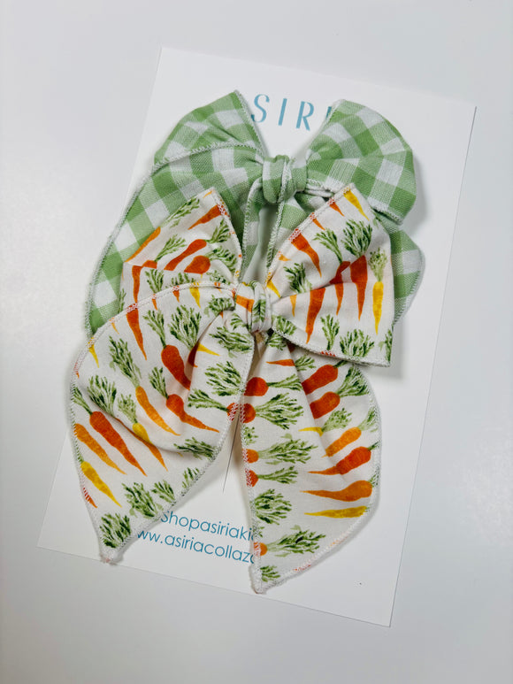 Carrot + green Gingham   - 2 clip big bow